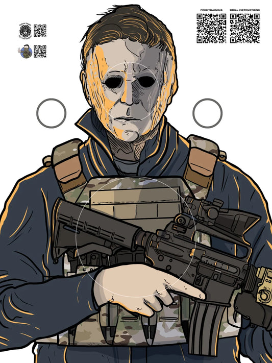 A shooting target featuring a cartoon illustration of a character with a gun, resembling a slasher movie icon.